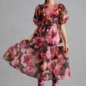 By Anthropologie puff sleeve organza midi dress without under dress 👗